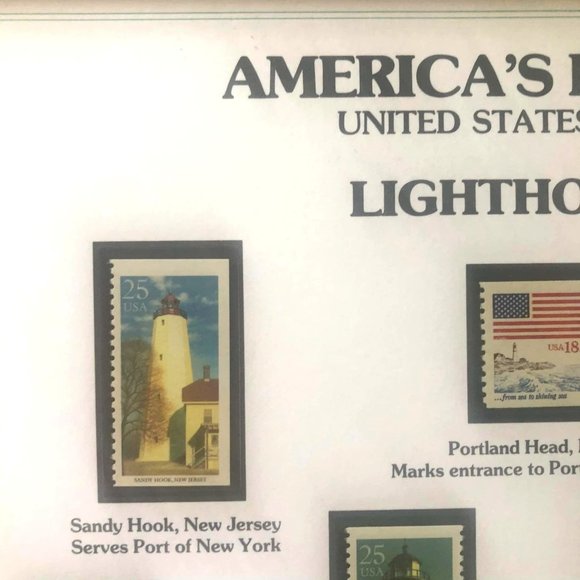 USPS Stamp Art Framed History of USA Lighthouse Stamps Wood Glass Nautical Decor - Picture 4 of 9
